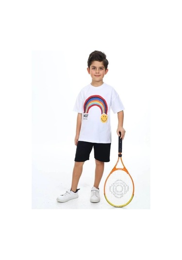 Erkek Çocuk Gülen Yüz Baskılı Tshirt-14166 Beyaz