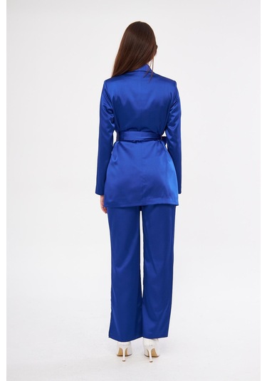 Kuşaklı Saten Takım Saks Saks