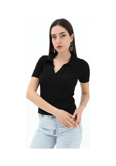 Polo Yakalı Kısa Kol Triko Kazak - Siyah - Kadın Siyah