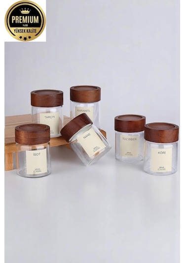6'lı Akasya Kapaklı Cam Baharatlık Seti 240 Ml 16 Adet Etiket Hediye M70912 Ahşap