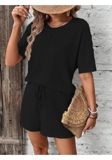 Munn Collection Kadın Kısa Kollu Bisiklet Yaka Alt Ve Üst Waffle Ikili Takım Siyah