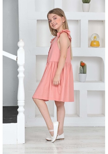 Kız Çocuk %100 Pamuk Keten Elbise 12197 Pudra