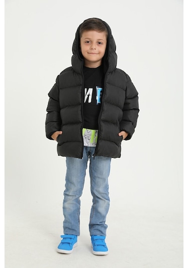 Freemen Erkek Çocuk Siyah Polarlı Kürklü Kapüşonlu Su Geçirmez Rüzgara Dayanıklı Şişme Kışlık Mont Siyah