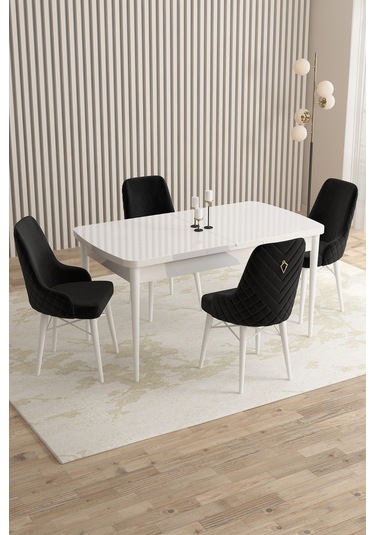Mazaka Beyaz 80x132 Açılabilir Mdf Masa Yemek Odası Takımı, Mutfak Takımı 4 Adet Sandalye Siyah