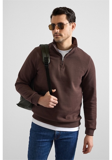 Süvari Koyu Kahve Regular Düz Yarım Balıkçı Yaka Sweatshirt Ssw2013700001-kh9 Koyu Kahverengi