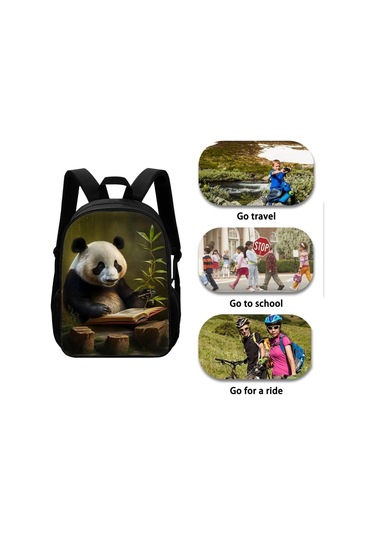 Okul Çocukları İçin Hayvan Desenli Sırt Çantaları Erkek Kız Çocukları İçin Sırt Çantası Cepli Panda Bambu Siyah