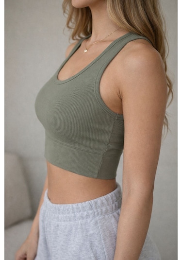 Enva Store Kadın Ribana Askılı Fitilli Crop Haki