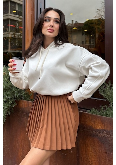 Tommy Life Ekru Reglan Kol Basic Kapüşonlu Oversize Sweatshirt Tunik - 97242 Ekru