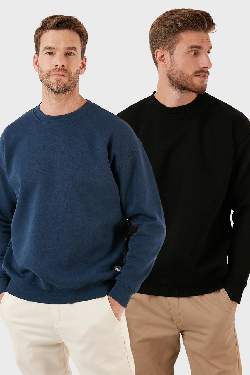 Buratti Regular Fit Bisiklet Yaka Şardonlu 2'Li Paket Erkek Sweat 5905255S2 Siyah-Indigo