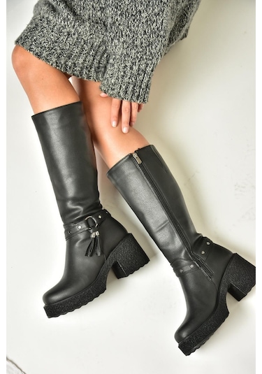 Fox Shoes T996224009 Siyah Kalın Topuklu Kadın Çizme Siyah-Suni Deri