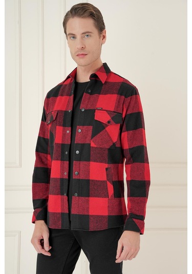 G 1579 Slim Fit Kırmızı-siyah Klasik Gömlek Kırmızı - Siyah