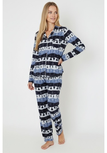 Luxury Soft Lacivert Çam Ağacı Desenli Uzun Kollu Kadın Pijama Takımı 3048 Mavi