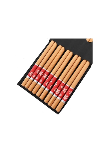 Red Flower 5 Pairs El Yapımı Doğal Bambu Ahşap Çubuklarını Sağlıklı Çin Karbonizasyon Çubuklarını Yeniden Kullanılabilir Suşi Gıda Sopa Sofra Seti Red Flower