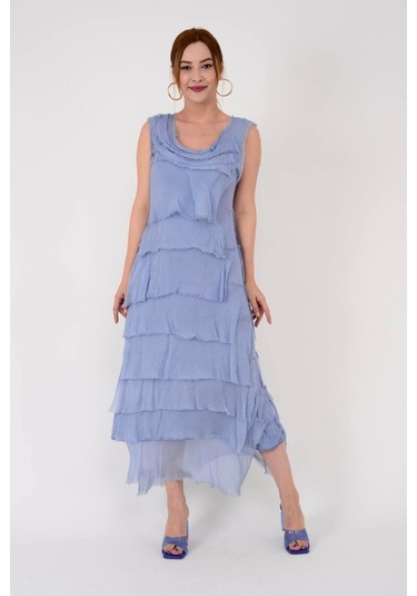 Italyan 2 Beden İnce Gösteren Kat Kat Kolsuz Ipek Elbise Mavi