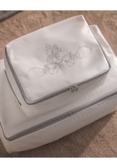 Madame Coco Çiçek Desen Baskılı 2'li Hurç - Beyaz/gri 8684427147740 Beyaz