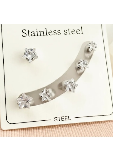 Tektaş Küpe Yıldız Model Tektaş Üçlü Set Küpe Kararmaz Çelik Silver