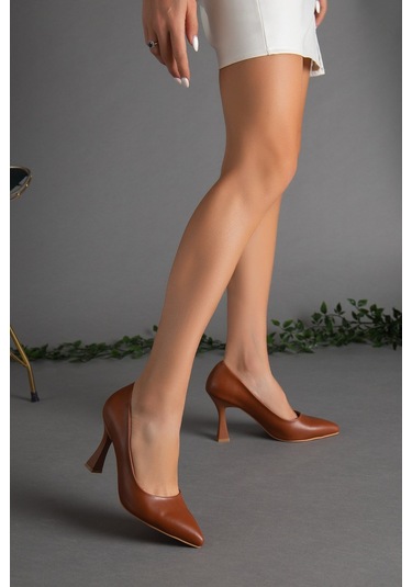 Cilt İnce Topuk Taba Büyük Numara Kadın Ayakkabısı Topuklu Stiletto-2104-taba Taba