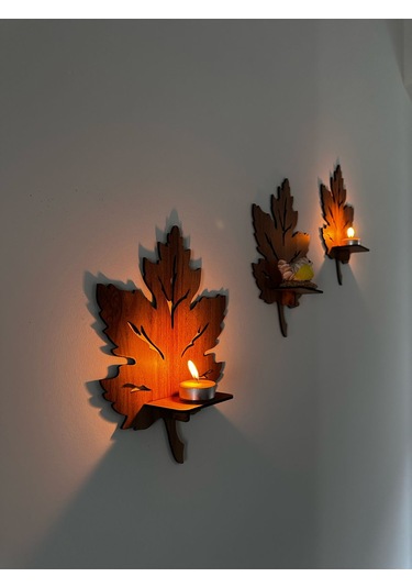 3 Lü Ahşap Duvar Süsü Rafı - Yaprak Mumluk Ve Dekoratif Aplik Seti