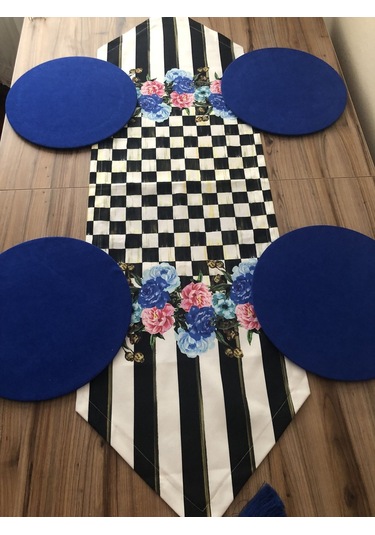 Dama Mavi Çiçek Desenli Runner & Supla Çok Renkli