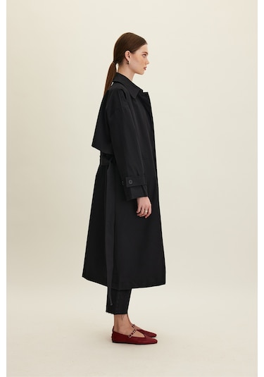 Kemerli Oversize Gabardin Trençkot Siyah Siyah