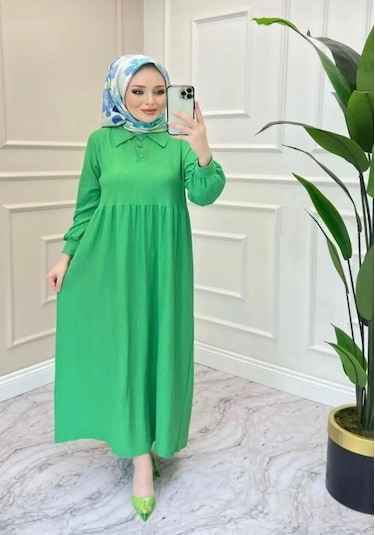Lovie Moda Kadın Polo Yaka Elbise Yeşil
