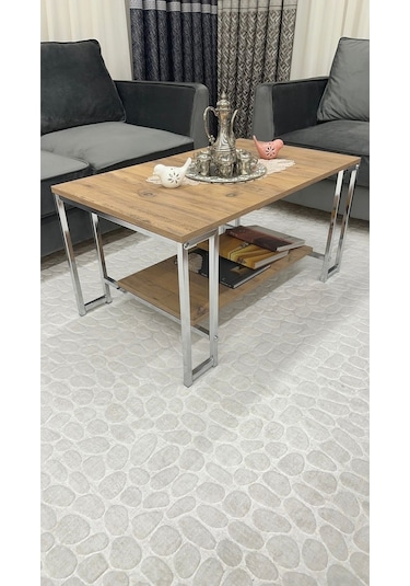 Nury Orta Sehpa Gümüş Metal Atlantik Çam Tabla