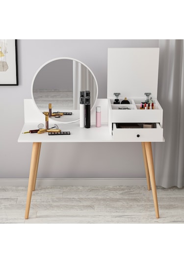 Angel Aynalı Fonksiyonel Makyaj Masası – Çekmeceli ve Gizli Takı Bölmeli, Beyaz