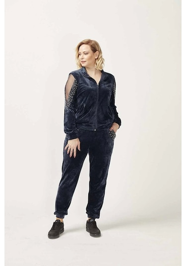 1950 Kolları Taşlı Tam Kalıp Tarz Kadife Büyük Beden Eşofman Takım Lacivert Lacivert