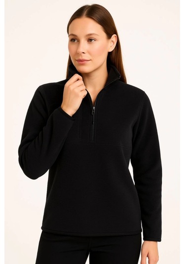 Polar Kazak Dik Yaka, Yarım Fermuarlı, Fermuarlı Göğüs Cepli, Siyah Biyeli, Kışlık Rahat Regular Fit Günlük Model - Siyah Siyah