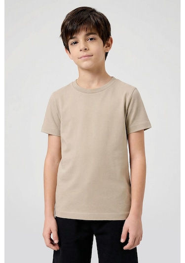Bej O Yaka Standart Fit Basic Unisex Çocuk T-shirt - 11328 Bej