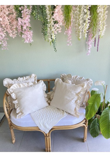 Keten, Bohem, Fırfırlı, Vintage, 4'lü Kare Kırlent Kılıfı Naturel