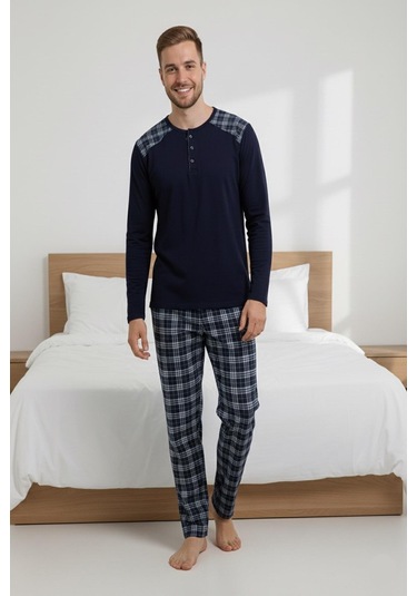 Erkek İnterlok Rahat Kalıp Sıfır Yaka Pamuk Pijama Takımı 6779 Lacivert