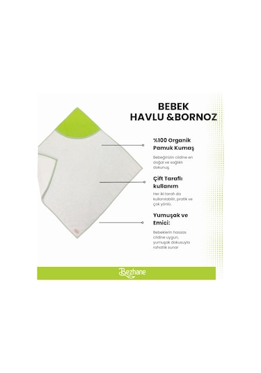 Bezhane %100 Pamuklu Havlu Çift Taraflı Kundak Bebek Yeşil Çizgil Çok Renkli