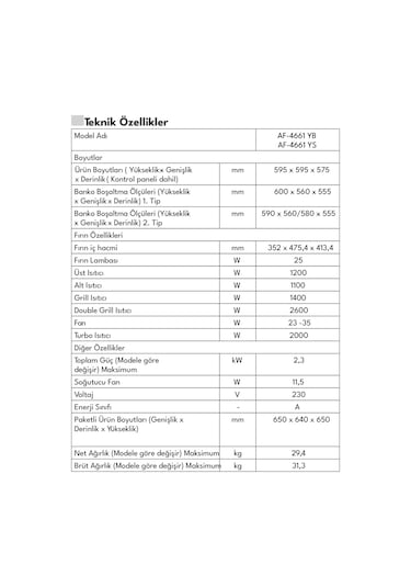 Vestel AF-4661 YB 70 L Ankastre Fırın