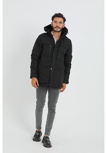 Erkek Siyah Içi Polarlı Su Ve Rüzgar Geçirmez Kapüşonlu Kışlık Mont & Kaban & Parka Siyah