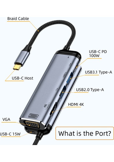 Cbtx Uc-027-y002 Usb-c Tip C - Hd Vga Çift Usb 3.0 Hub Dönüştürücü Hdtv Adaptörü 4k 60hz 1080p Dişi Pd Güç Bağlantı Noktası İle
