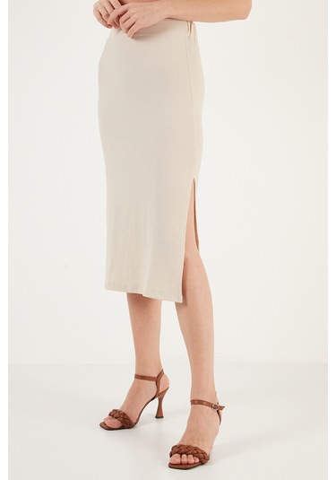 Lela Yüksek Bel Yırtmaçlı Dar Kesim Midi Bayan Etek 5865600 Taş