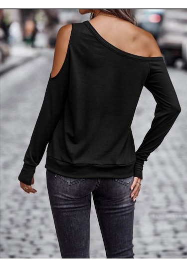 Kadın Omuzdan Açık Askılı Viskon Iki Iplik Bluz Siyah