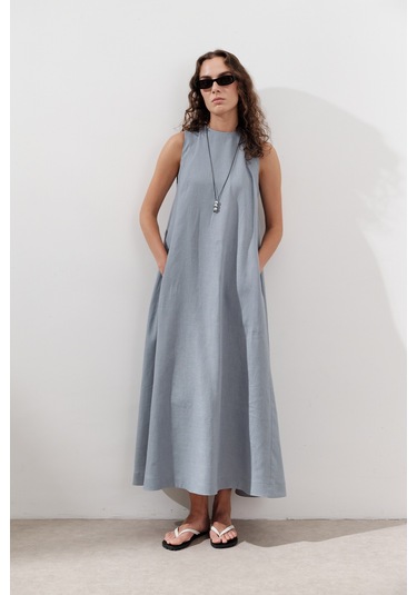 Keten Büzgülü Geniş Elbise Mavi Mavi