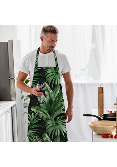Siyah Tropikal Tasarımlı Mutfak Önlüğü Keten Kumaş, Uluslararası Yıkama Ve Solmama Sertifikası Çok Renkli
