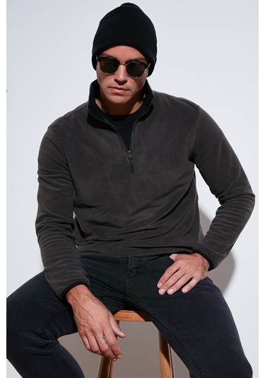 Buratti Slim Fit Yarım Fermuarlı Dik Yaka Erkek Polar 5906003 Füme