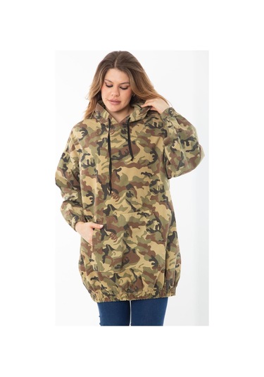 Kadın Büyük Beden Haki Rahat Kesim Kamuflaj Desenli Kapşonlu Kanguru Cepli Uzun Sweatshirt 65n37298-haki Haki