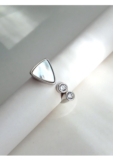 Gümüş Beyaz Sedef Zirkon Taşlı Kare Tasarım Ayarlı Kadın Yüzük