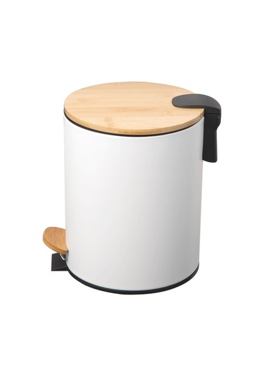 Bambu Kapaklı Pedallı Metal Çöp Kovası - 5 Lt. - Beyaz Beyaz