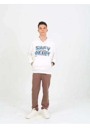 Erkek Çocuk Yazı Detaylı 2 İplik Kapüşonlu Sweatshirt-15229 Ekru