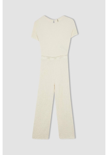 Defacto Kız Çocuk Kısa Kollu Uzun Tulum B4637A824SMER238 Ekru