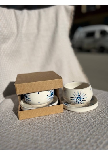 El Yapımı Seramik Kupa, Mug, Türk Kahvesi Bardağı Nazar Boncuğu