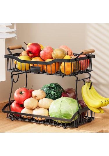 Suntek Otel Tezgah Üstü Mutfak Için 2 Katlı Meyve Sepeti Siyah