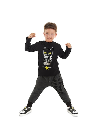 Denokids Mshb&g Süper Kahraman Erkek Çocuk Siyah T-shirt Gri Pantolon Takım Siyah