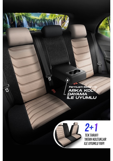 Bej - Siyah Panda Manavgat Serısı Lakos Kumaş Oto Koltuk Kılıfı - Tam Set